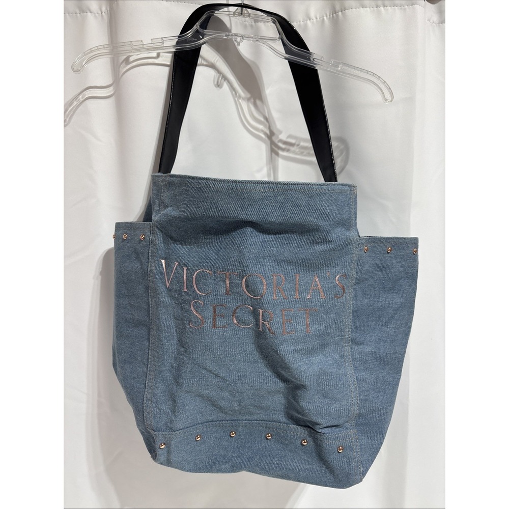 VICTORIAS SECRET Tote‎ Purse Light Blue Denim Black Handle Shoulder Bag 19"x14"